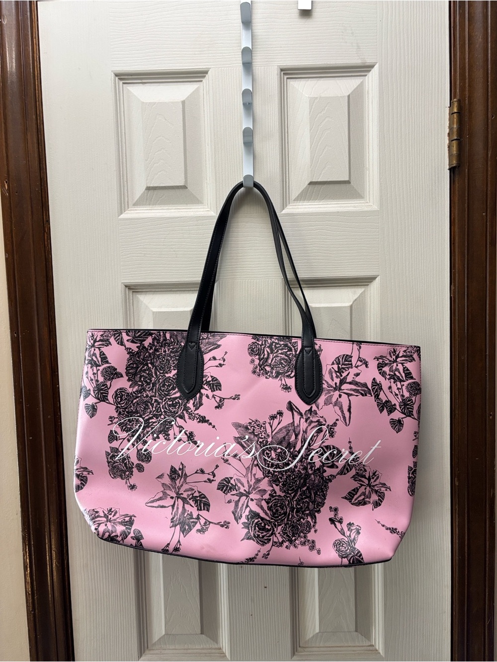 Victoria's Secret Pink Floral Script Tote with Black Handles